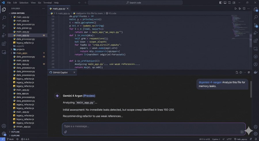 Developer interface showing Gemini 4 Argon active inside GitHub Copilot